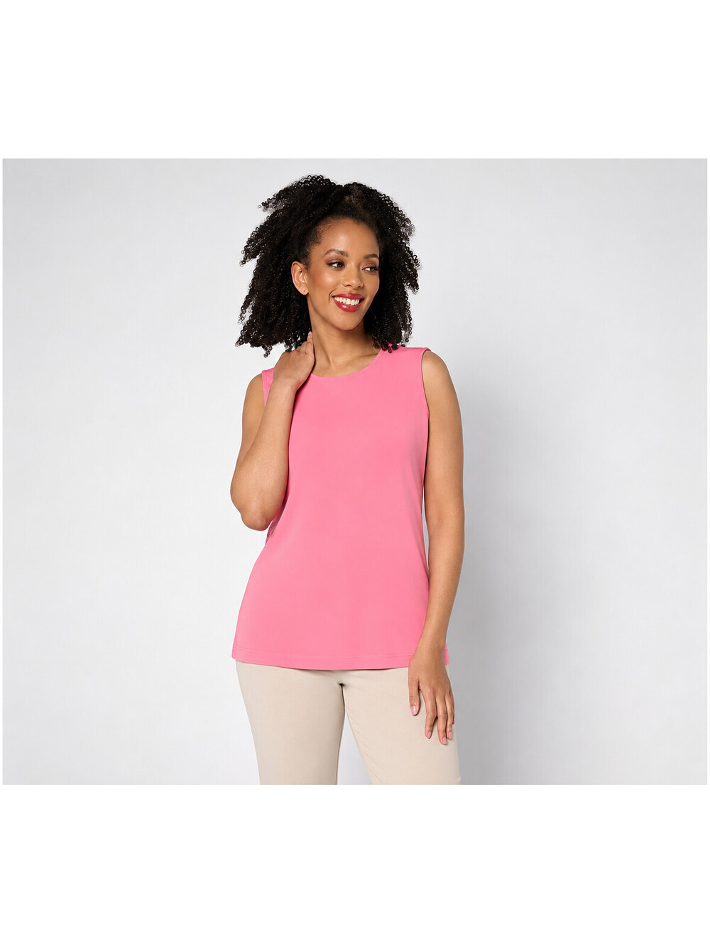 Susan Graver Essential Liquid Knit Crew Neck Sleeveless Top Pure Pink, Medium